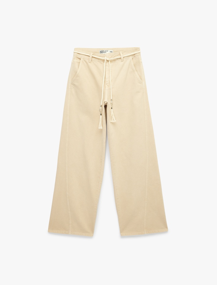  Pamuklu Normal Bel Kemerli Geniş Paça Pantolon -  Wide Leg Jeans