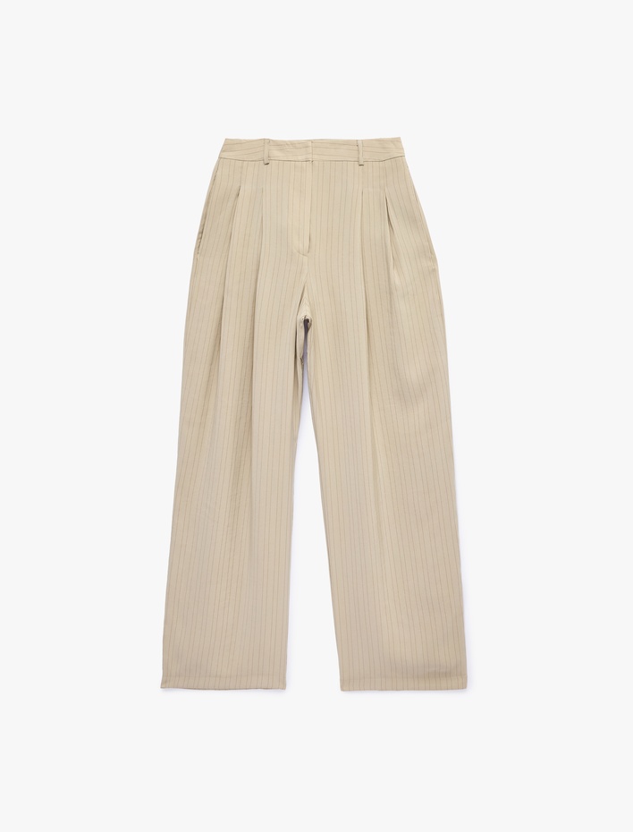  Regular Fit Yüksek Bel Geniş Paça Viskon Pileli Pantolon