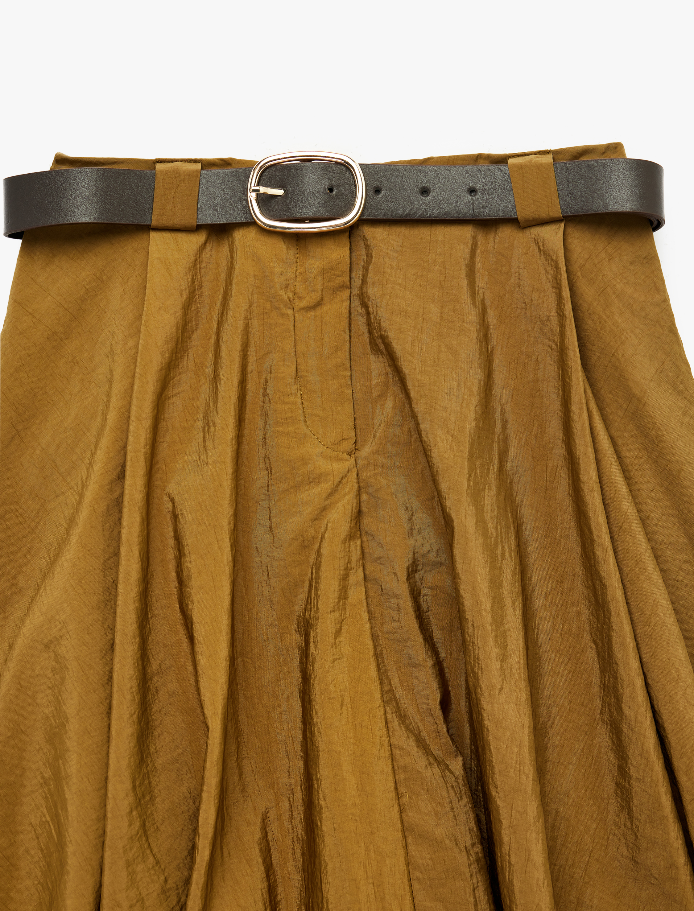   Yüksek Bel Kemer Detaylı Paraşüt Kumaş Midi Balon Etek