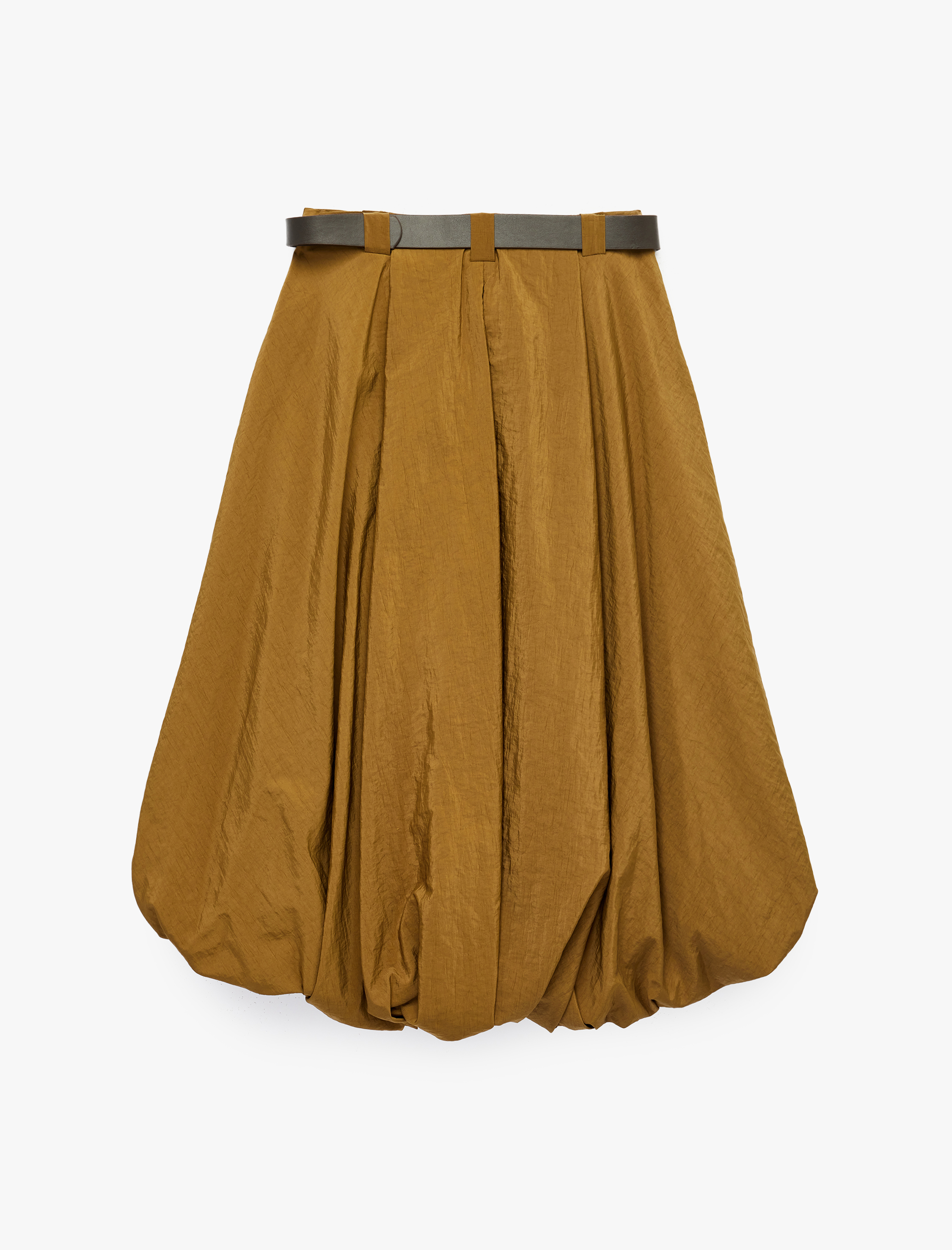   Yüksek Bel Kemer Detaylı Paraşüt Kumaş Midi Balon Etek