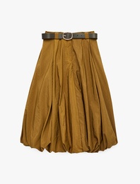 Yüksek Bel Kemer Detaylı Paraşüt Kumaş Midi Balon Etek