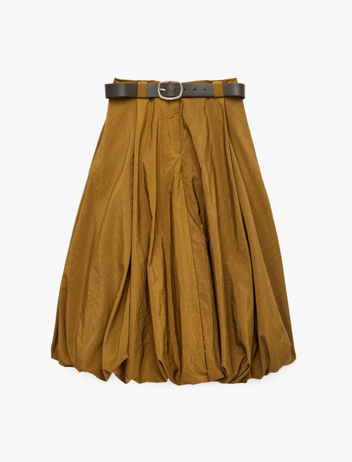  Yüksek Bel Kemer Detaylı Paraşüt Kumaş Midi Balon Etek