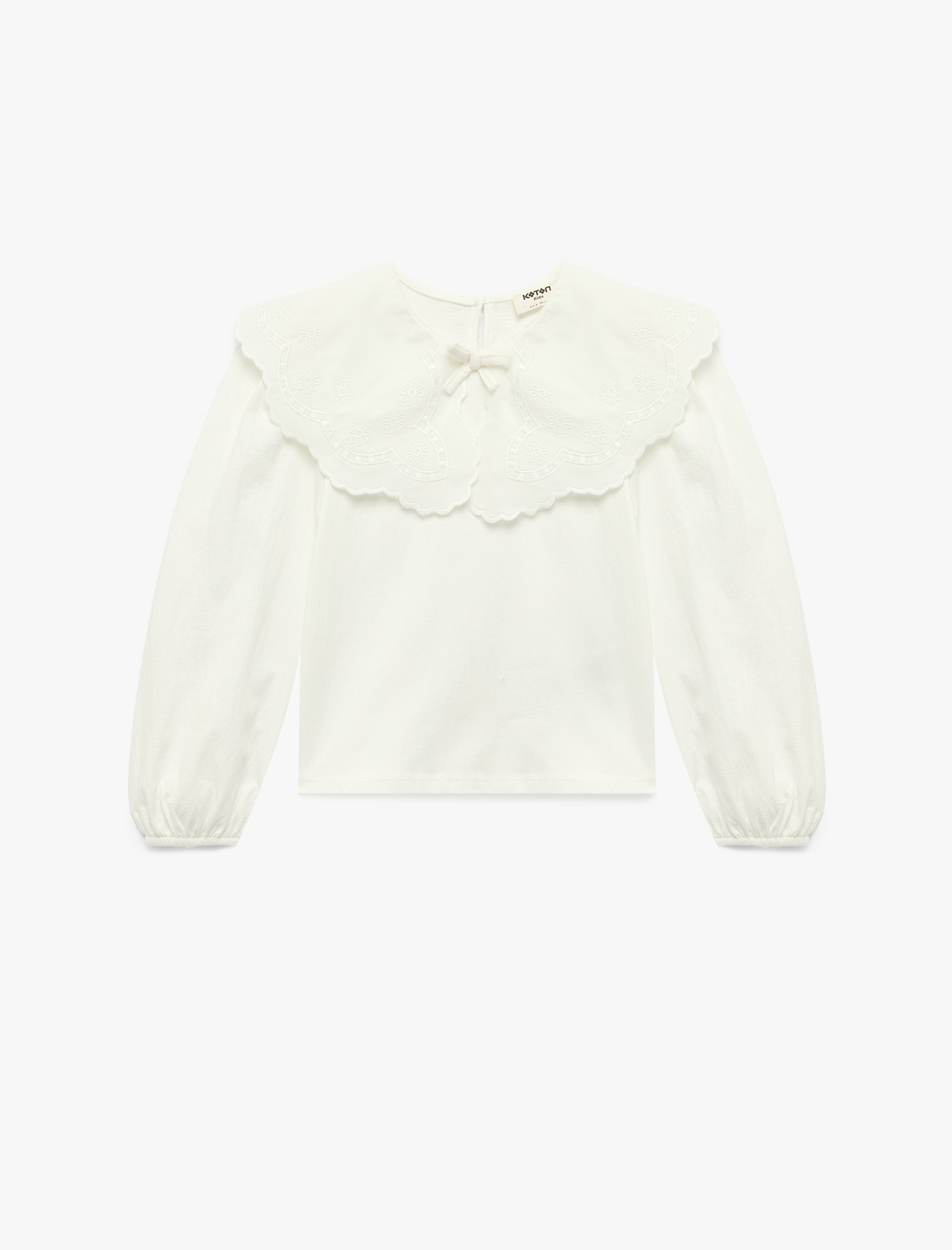  Kız Çocuk Pamuklu Nakışlı Fiyonk Detaylı Uzun Kollu Bebe Yaka Bluz