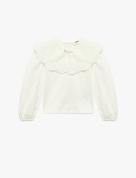 Pamuklu Nakışlı Fiyonk Detaylı Uzun Kollu Bebe Yaka Bluz