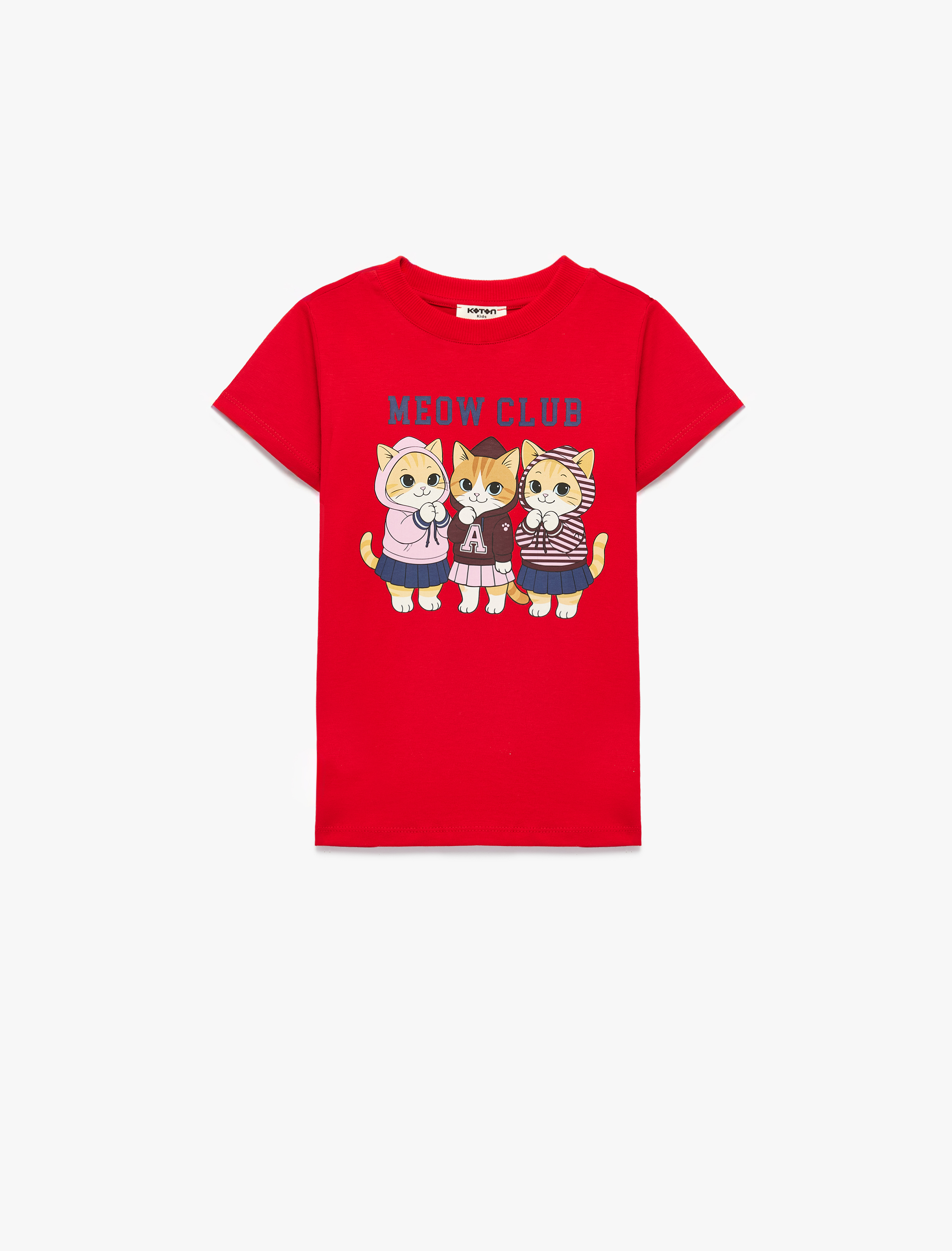  Kız Çocuk Pamuklu Kısa Kollu Bisiklet Yaka Kedi Baskılı Tişört