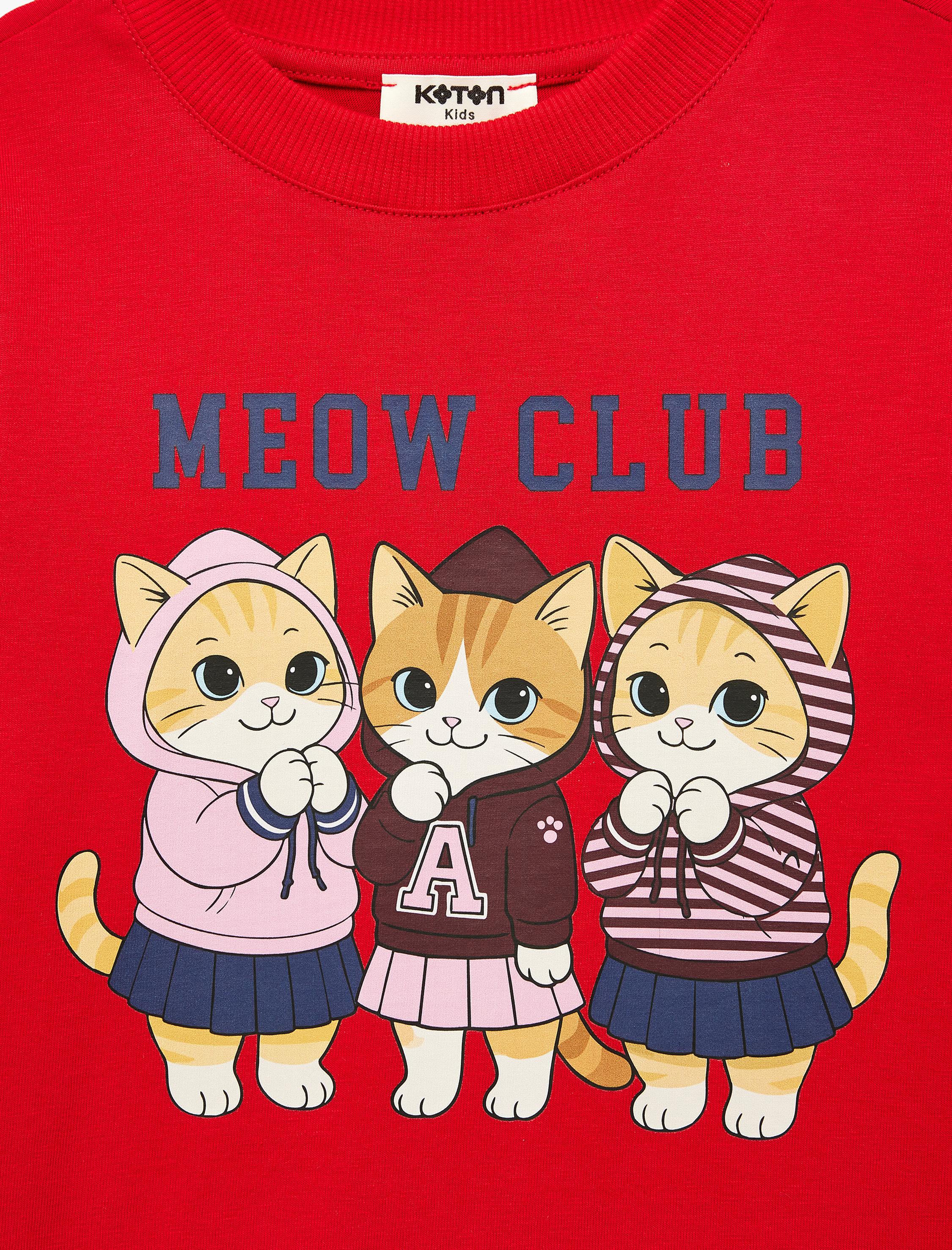  Kız Çocuk Pamuklu Kısa Kollu Bisiklet Yaka Kedi Baskılı Tişört