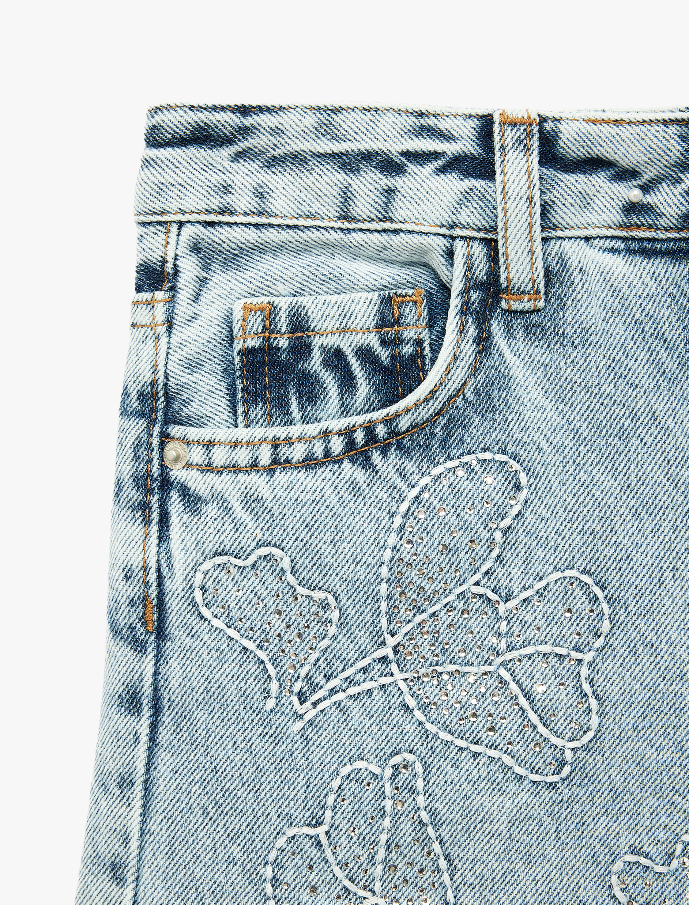  Kız Çocuk Çiçek İşlemeli Bol Kesim Denim Pantolon