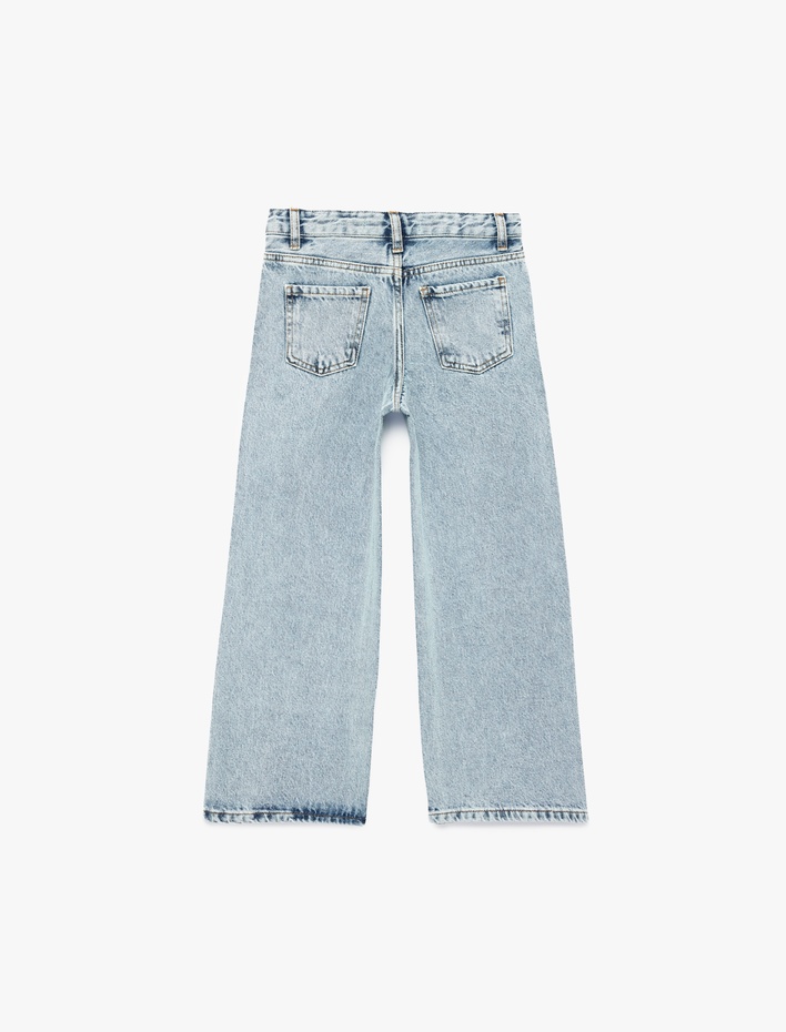 Kız Çocuk Çiçek İşlemeli Bol Kesim Denim Pantolon