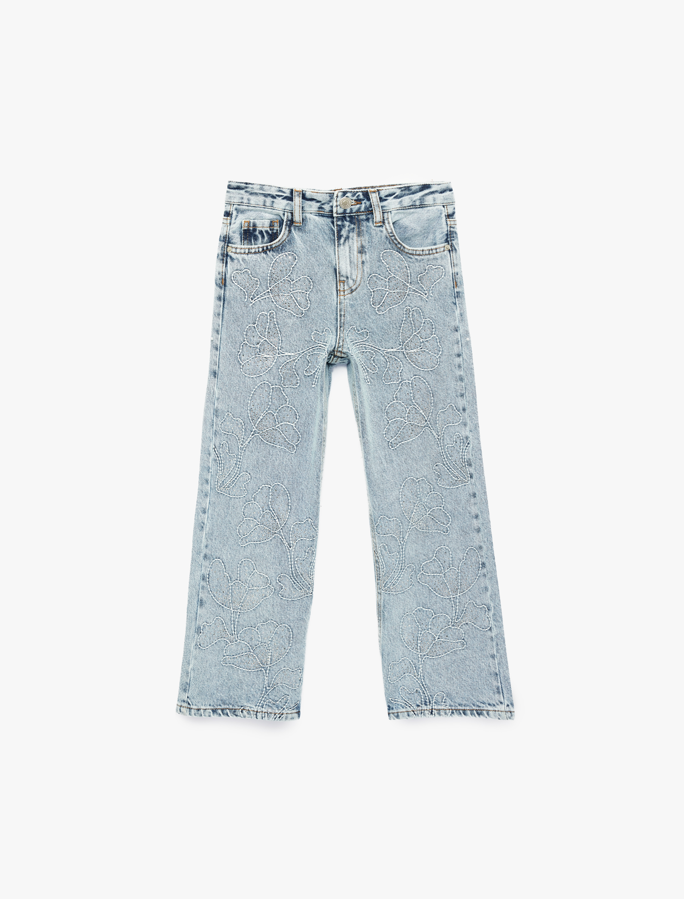 Kız Çocuk Çiçek İşlemeli Bol Kesim Denim Pantolon