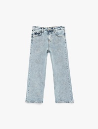 Çiçek İşlemeli Bol Kesim Denim Pantolon