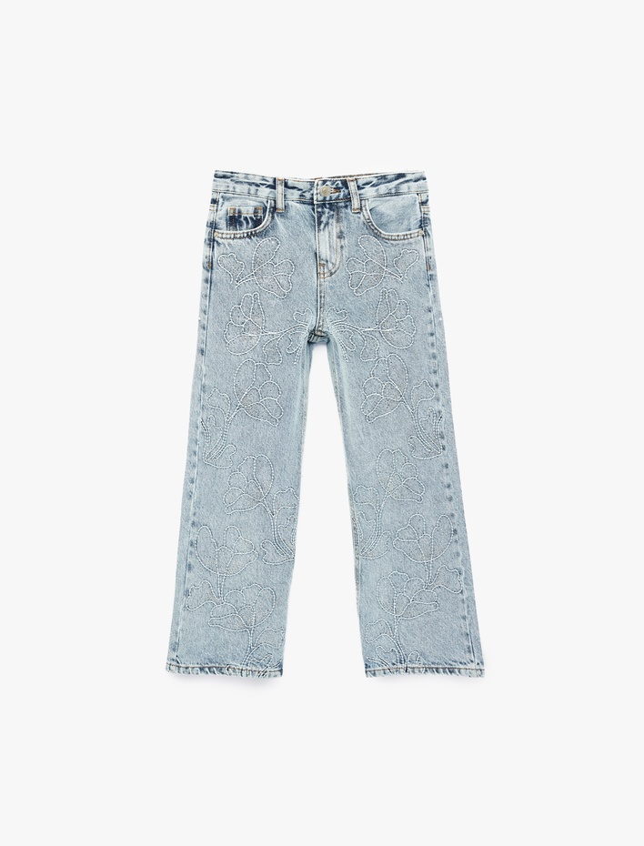 Kız Çocuk Çiçek İşlemeli Bol Kesim Denim Pantolon