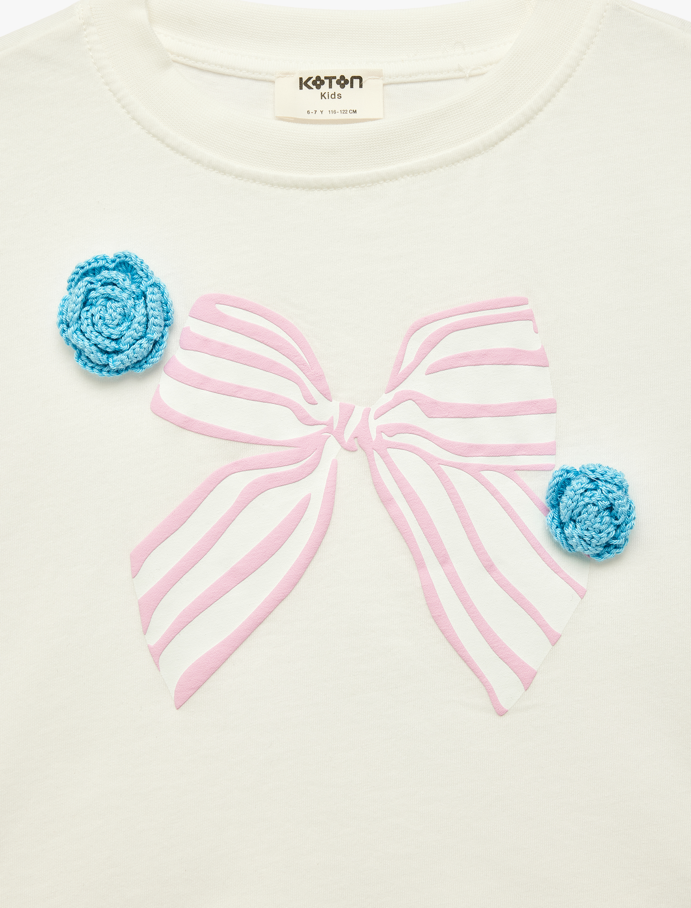  Kız Çocuk Pamuklu Kısa Kollu Fiyonk Detaylı Bisiklet Yaka Tişört