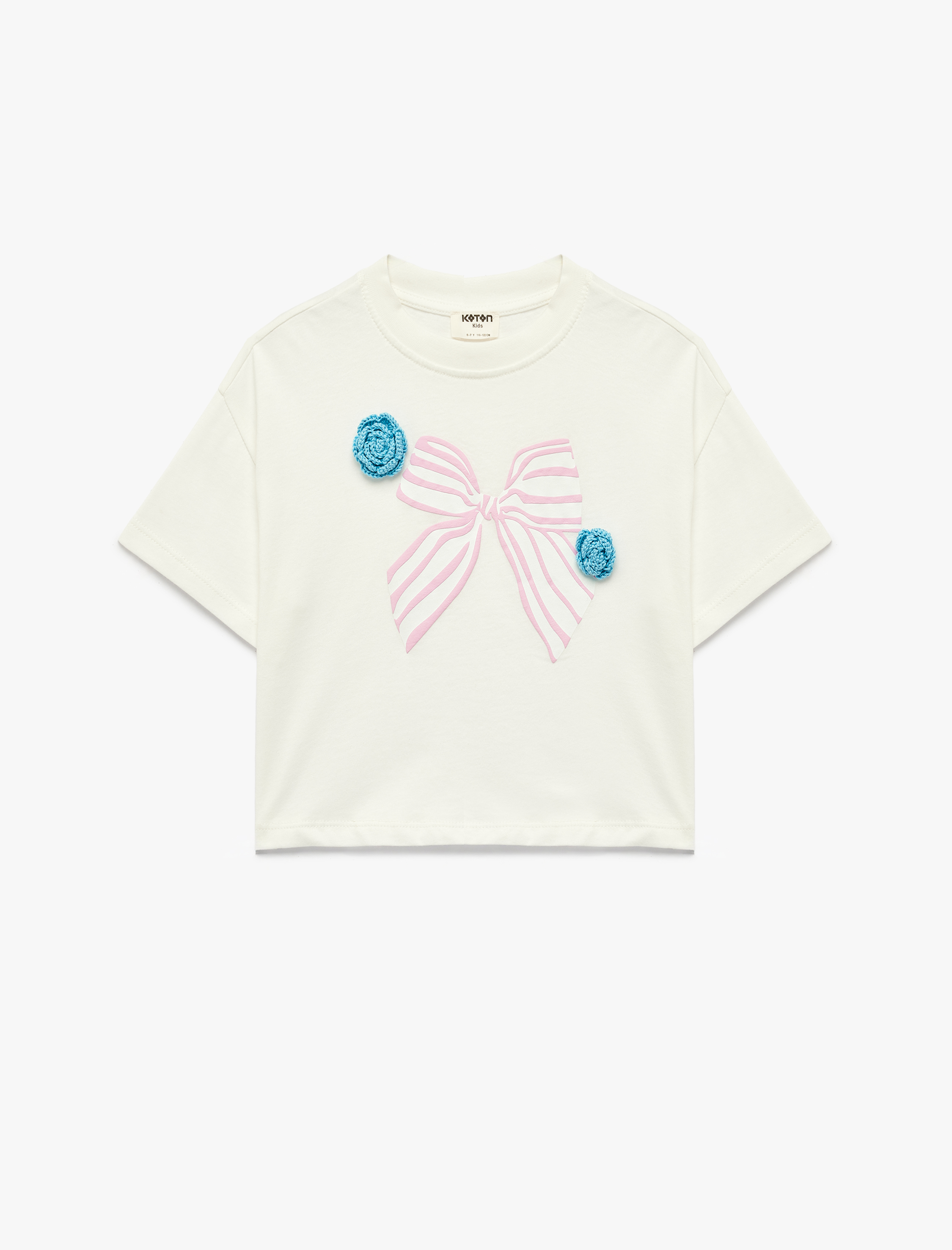  Kız Çocuk Pamuklu Kısa Kollu Fiyonk Detaylı Bisiklet Yaka Tişört