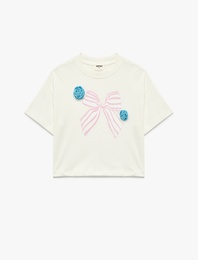 Pamuklu Kısa Kollu Fiyonk Detaylı Bisiklet Yaka Tişört