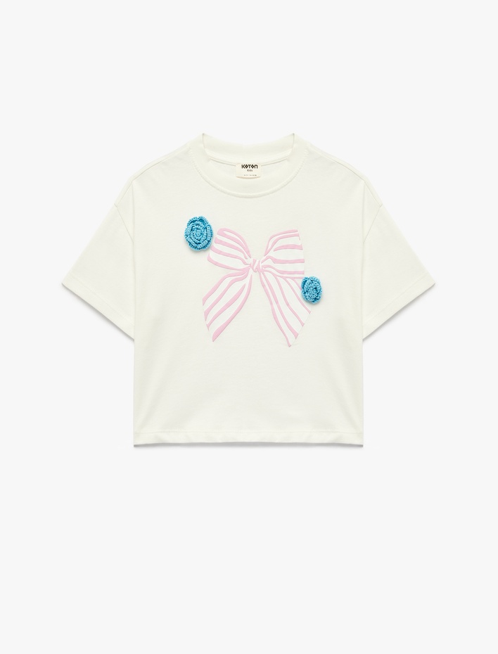 Kız Çocuk Pamuklu Kısa Kollu Fiyonk Detaylı Bisiklet Yaka Tişört