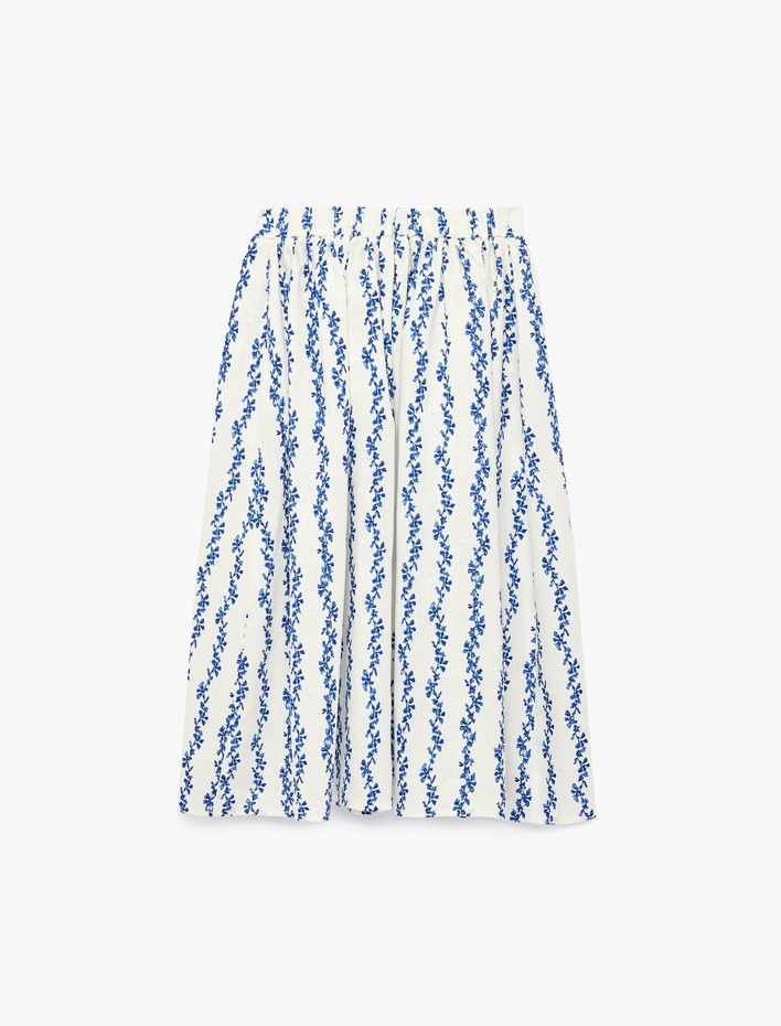 Kız Çocuk Viskon ve Keten Karışımlı A Kesim Midi Desenli Etek