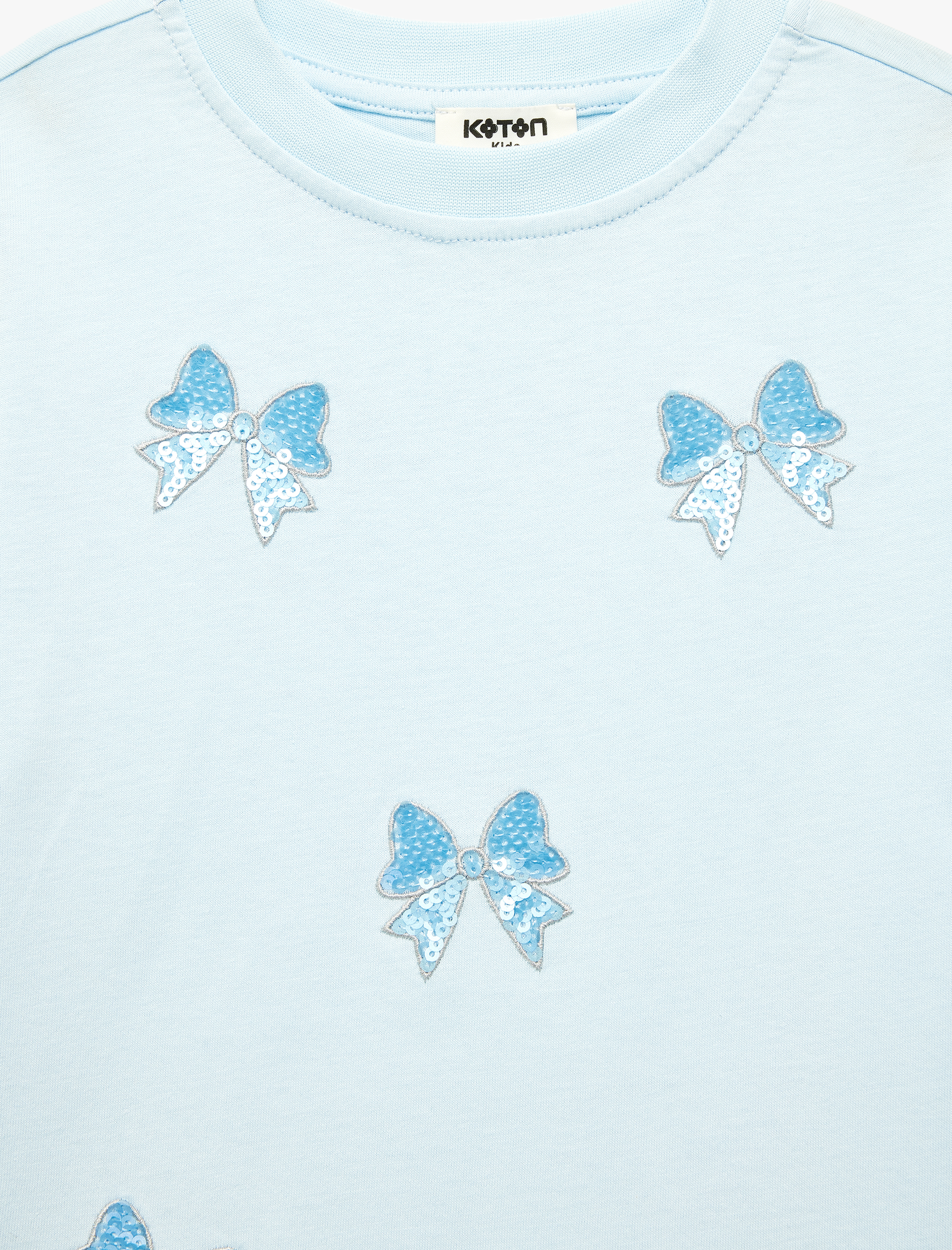  Kız Çocuk Pamuklu Kısa Kollu Bisiklet Yaka Pullu Payetli Fiyonklu Tişört