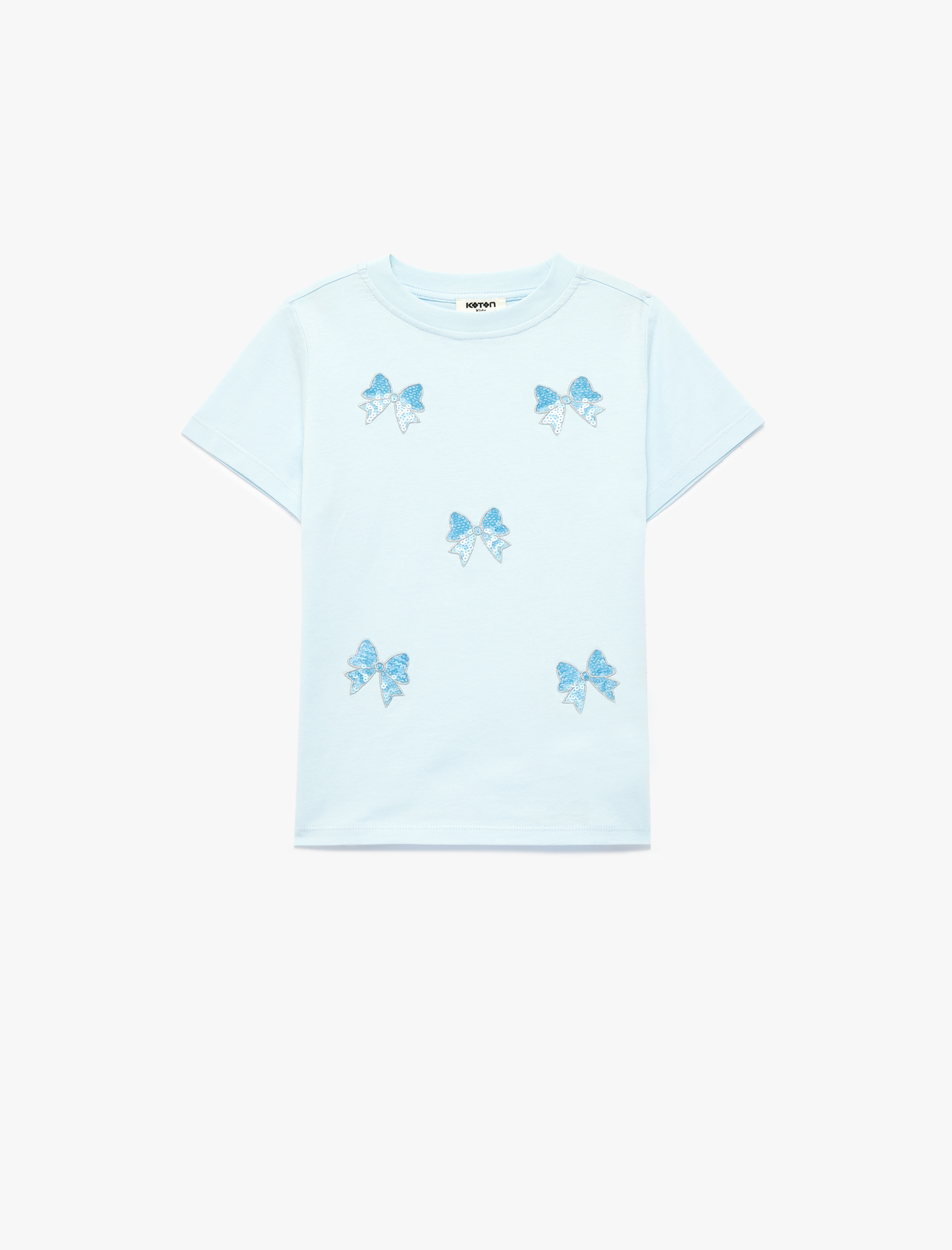  Kız Çocuk Pamuklu Kısa Kollu Bisiklet Yaka Pullu Payetli Fiyonklu Tişört