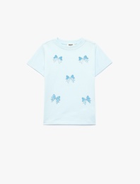 Pamuklu Kısa Kollu Bisiklet Yaka Pullu Payetli Fiyonklu Tişört