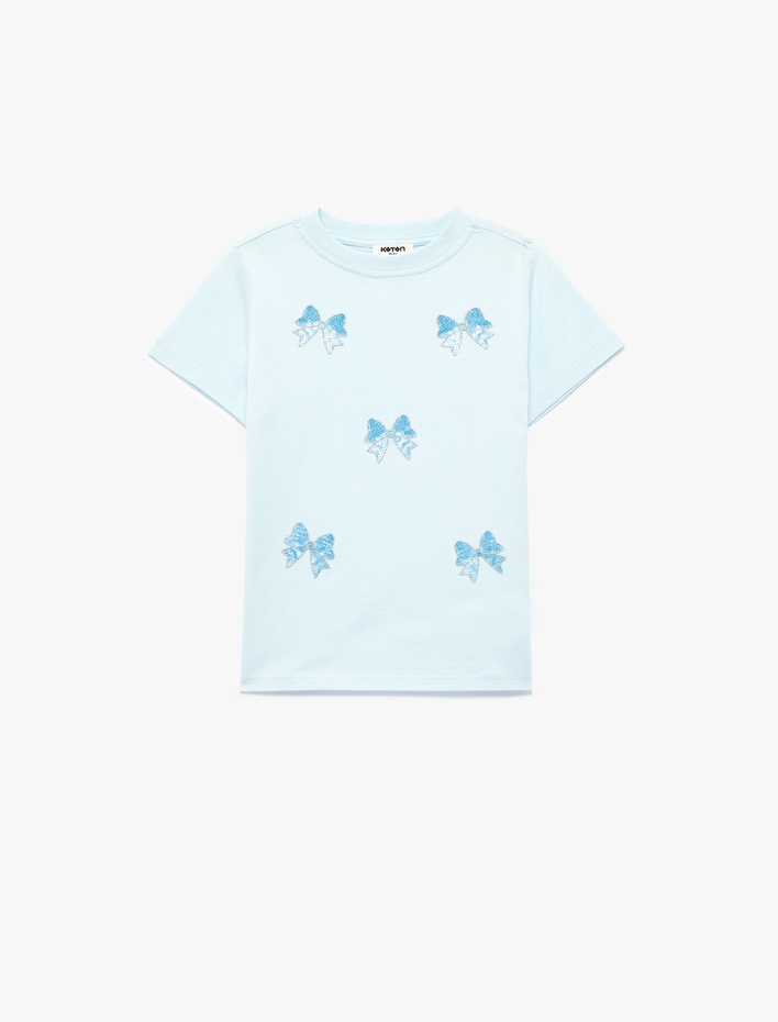 Kız Çocuk Pamuklu Kısa Kollu Bisiklet Yaka Pullu Payetli Fiyonklu Tişört