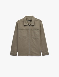 Regular Fit Uzun Kollu Cepli Klasik Yaka Gabardin Fermuarlı Gömlek