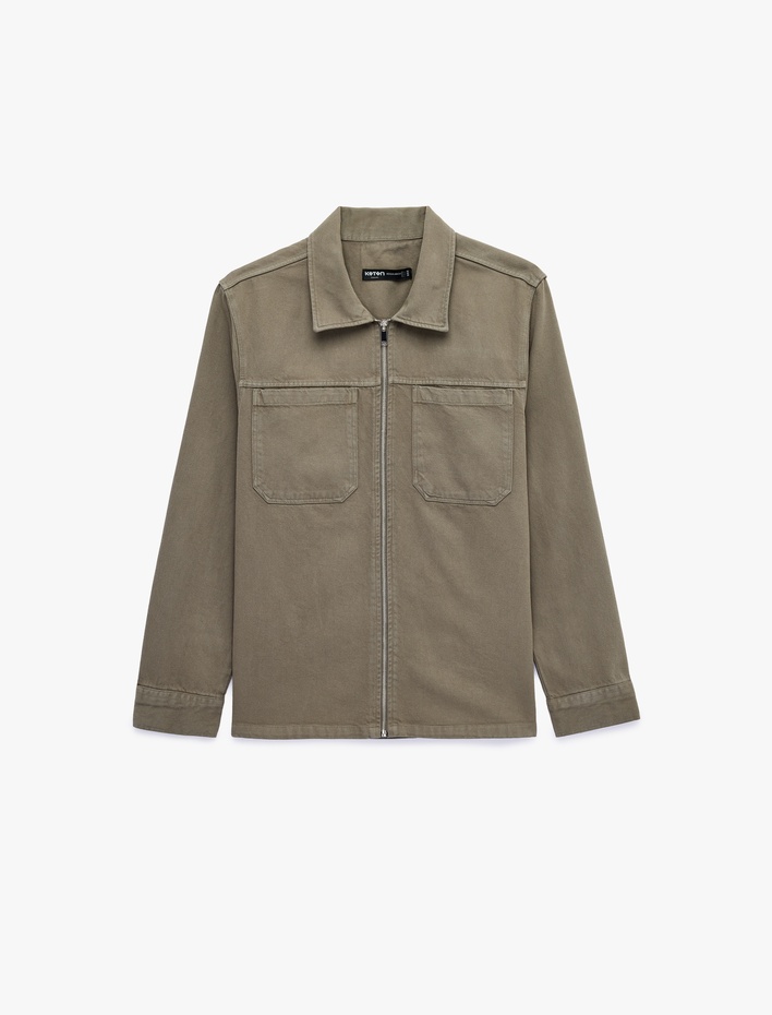  Regular Fit Uzun Kollu Cepli Klasik Yaka Gabardin Fermuarlı Gömlek