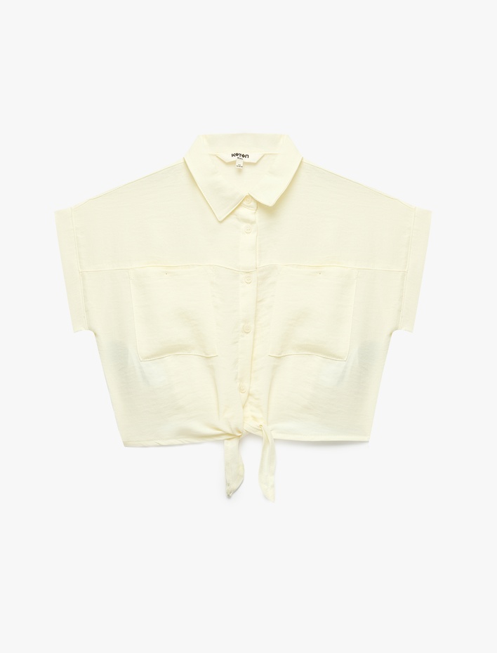 Kız Çocuk Bağlama Detaylı Düğmeli Kısa Kollu Crop Gömlek