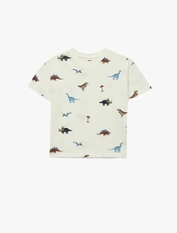 Dinozor Baskılı Uzun Kollu Bisiklet Yaka Pamuklu Tişört