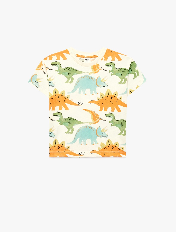 Erkek Bebek Dinozor Baskılı Bisiklet Yaka Kısa Kollu Pamuklu Tişört