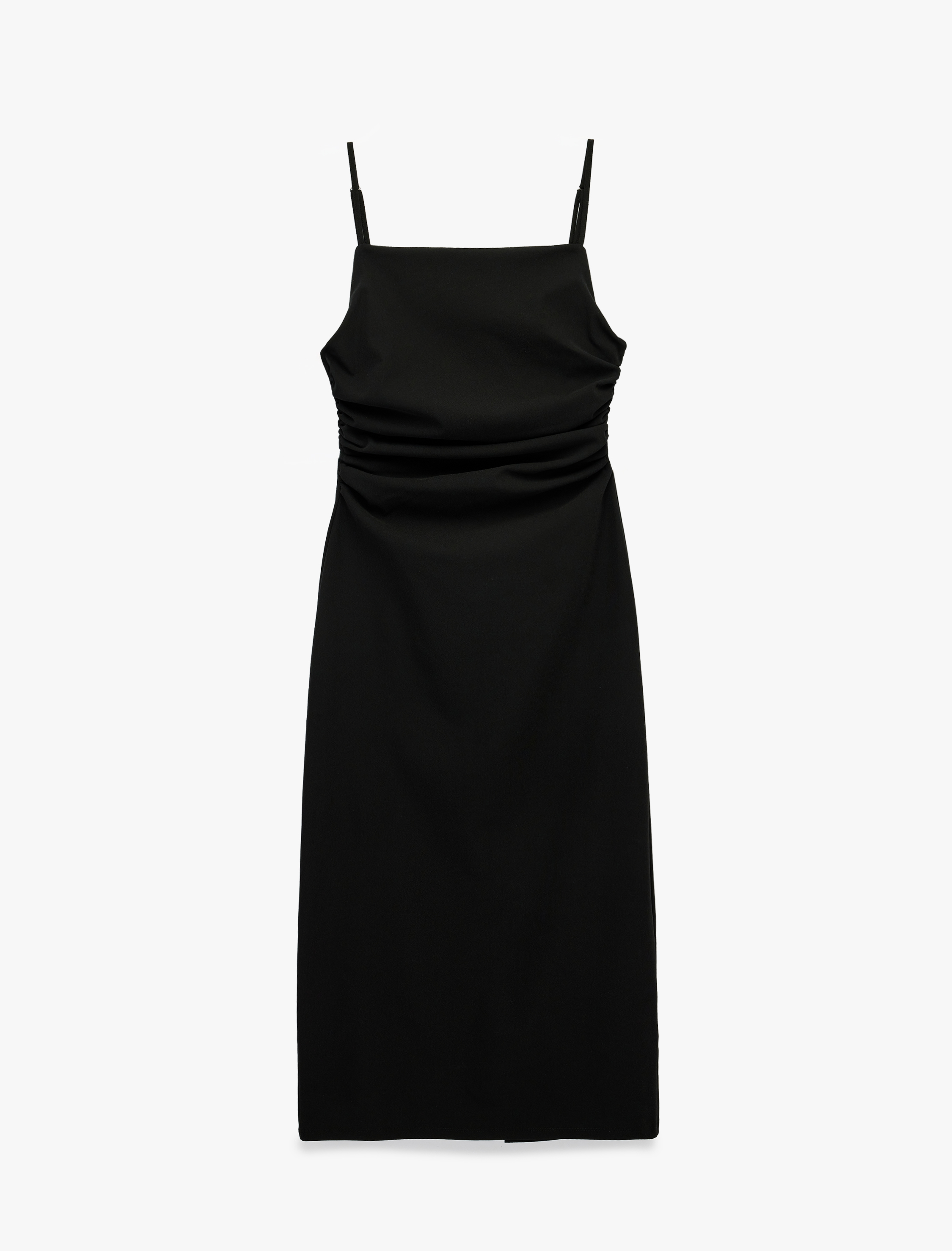   Slim Fit Kare Yaka İp Askılı Bodycon Midi Drapeli Elbise