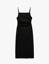 Slim Fit Kare Yaka İp Askılı Bodycon Midi Drapeli Elbise