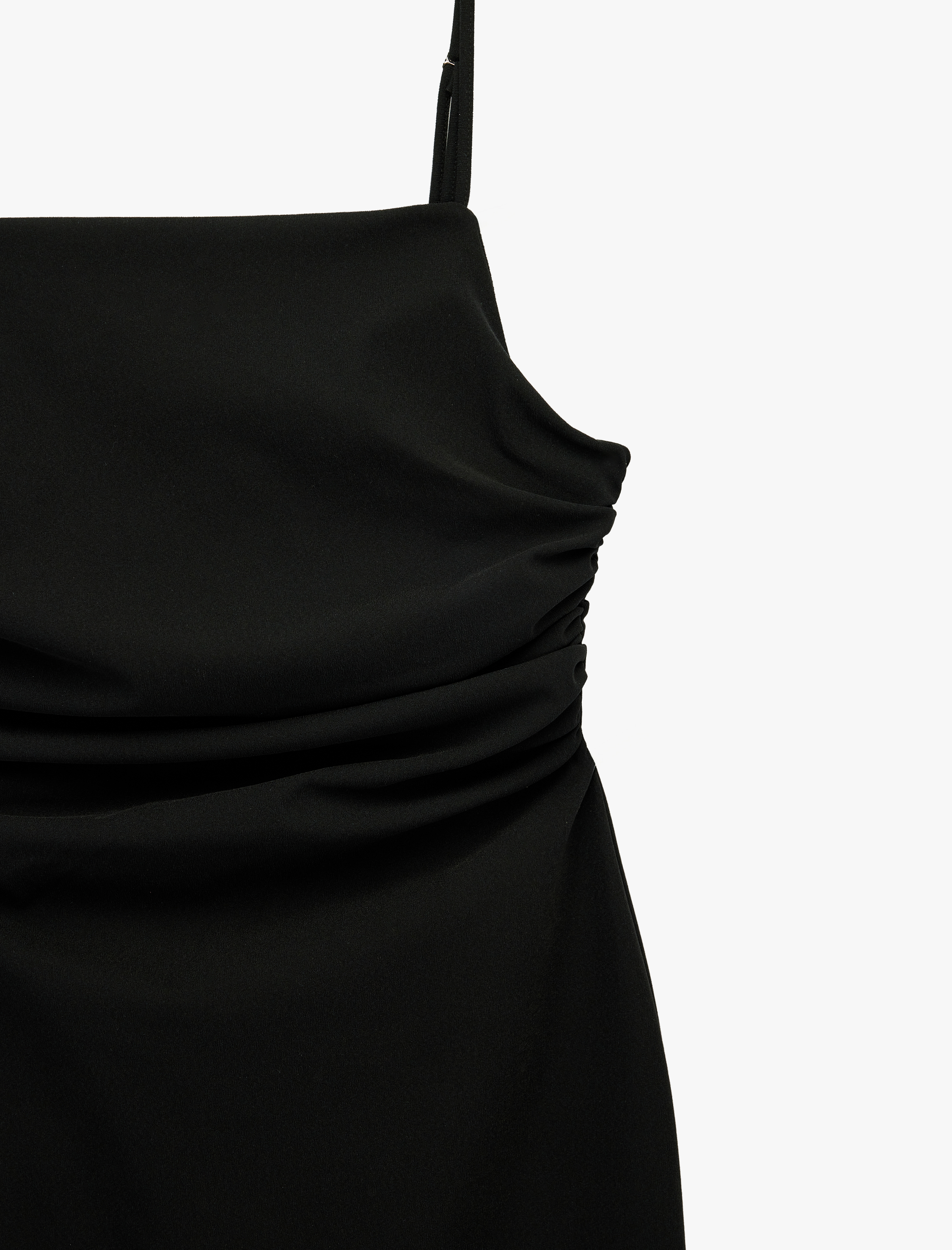   Slim Fit Kare Yaka İp Askılı Bodycon Midi Drapeli Elbise