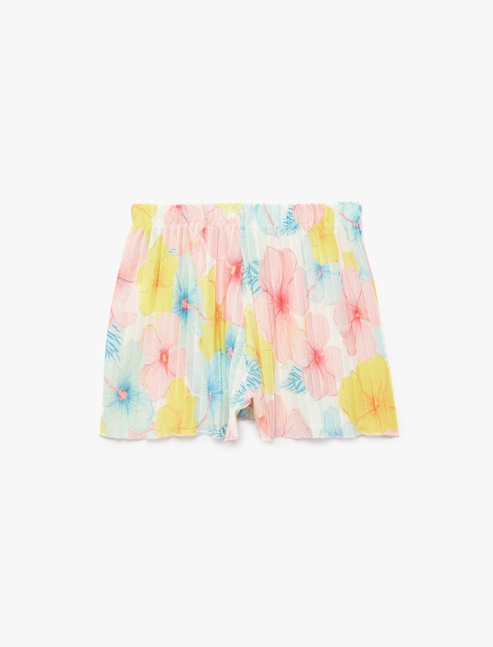 Kız Çocuk Çiçek Desenli Beli Bağcıklı Pileli Şort