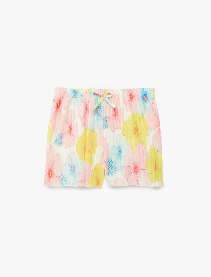 Kız Çocuk Çiçek Desenli Beli Bağcıklı Pileli Şort