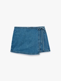 Bağcık Detaylı Pamuklu Mini Denim Şort Etek