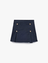 Pamuklu Gabardin Kumaş Beli Lastikli Düğme Detaylı Pileli Şort Etek