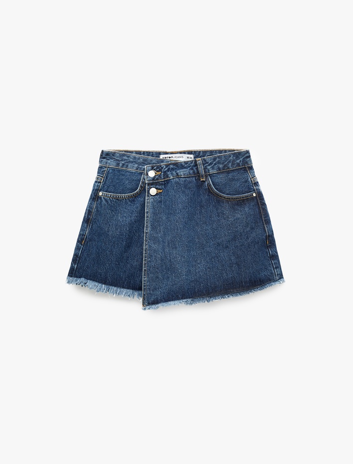  Asimetrik Kesim Düğmeli Rahat Kalıp Pamuklu Denim Mini Şort Etek
