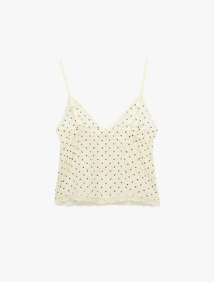  Tül Detaylı Kolsuz V Yaka Askılı Pijama Üstü