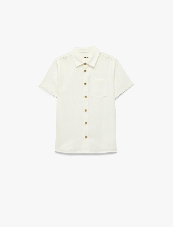 Erkek Çocuk Keten ve Viskon Karışımlı Düğmeli Cepli Basic Kısa Kollu Gömlek