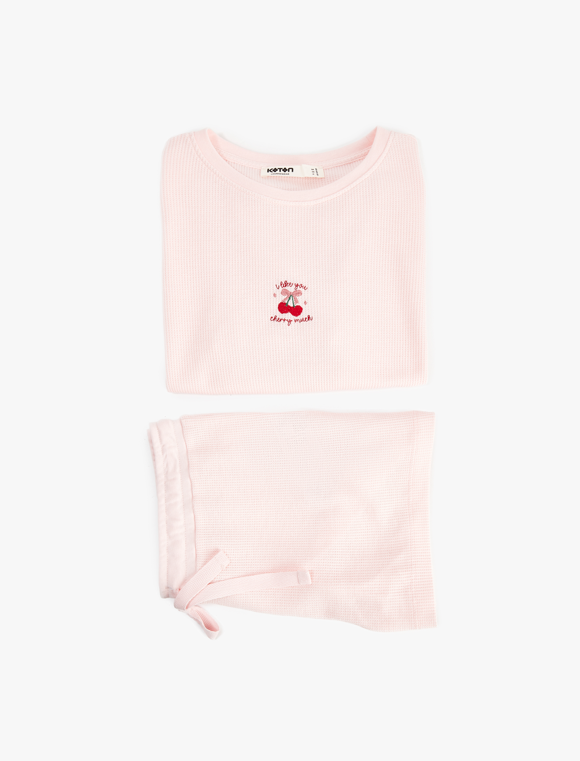   Kiraz Detaylı Bisiklet Yaka Kısa Kollu Dokulu Pijama Takımı