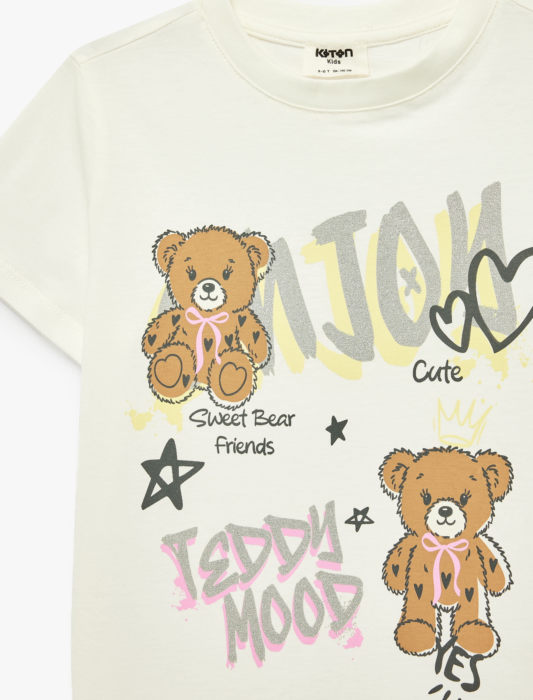  Kız Çocuk Ayıcık Baskılı Kısa Kollu Bisiklet Yaka Pamuklu Tişört