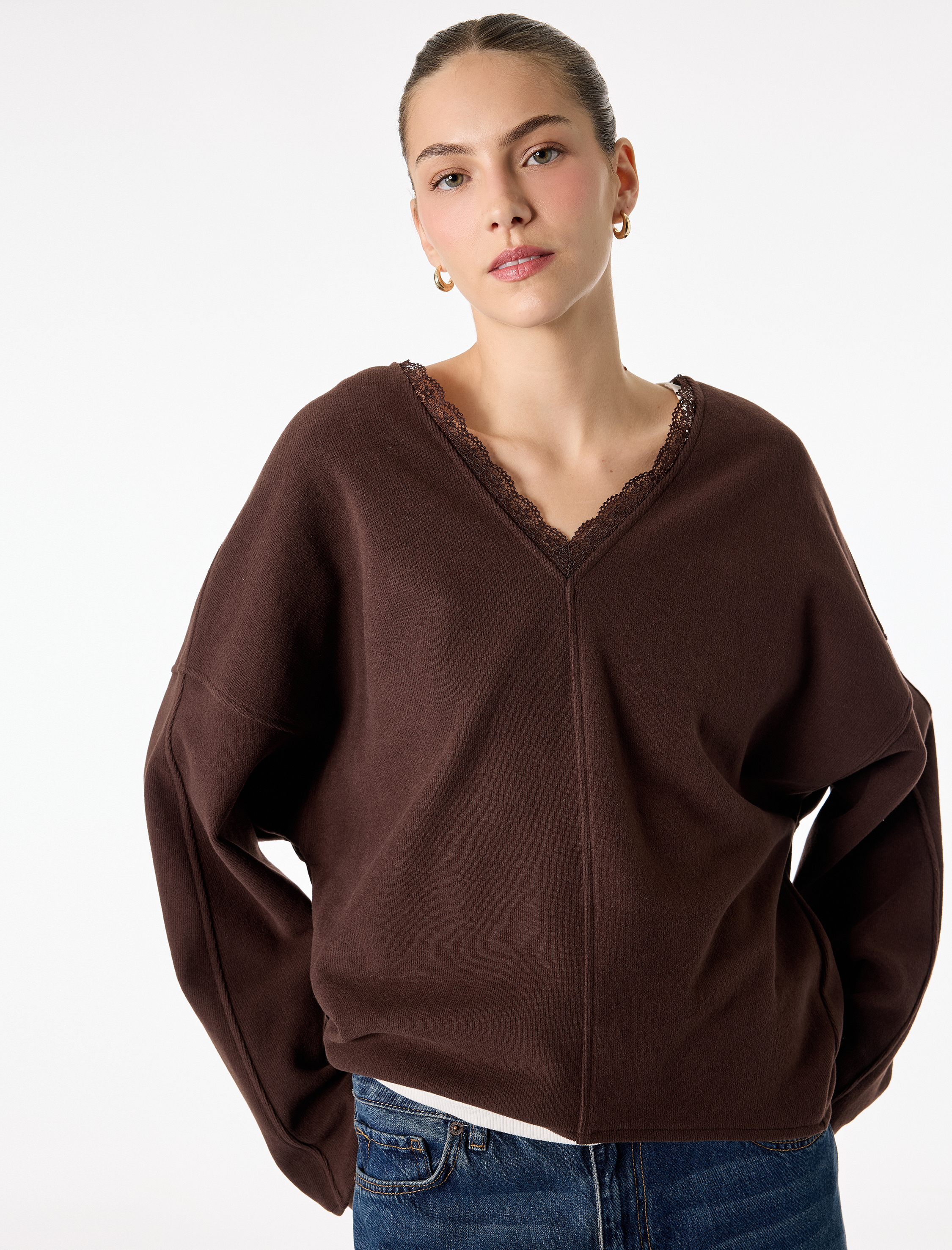   Uzun Kollu Dantel Detaylı V Yaka Sweatshirt