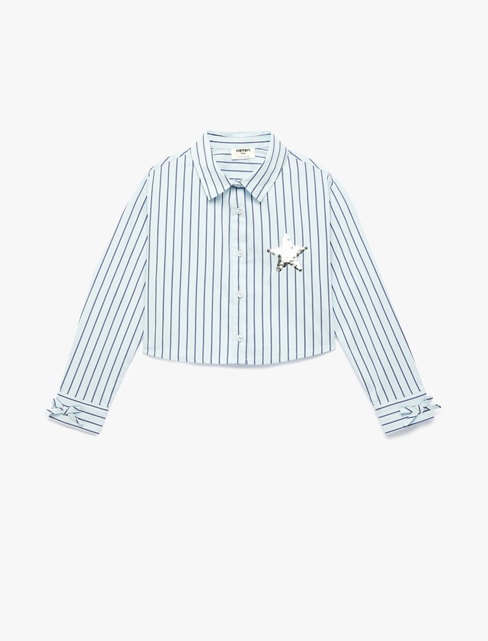 Kız Çocuk Pamuklu Uzun Kollu Klasik Yaka Yıldız Detaylı Çizgili Gömlek