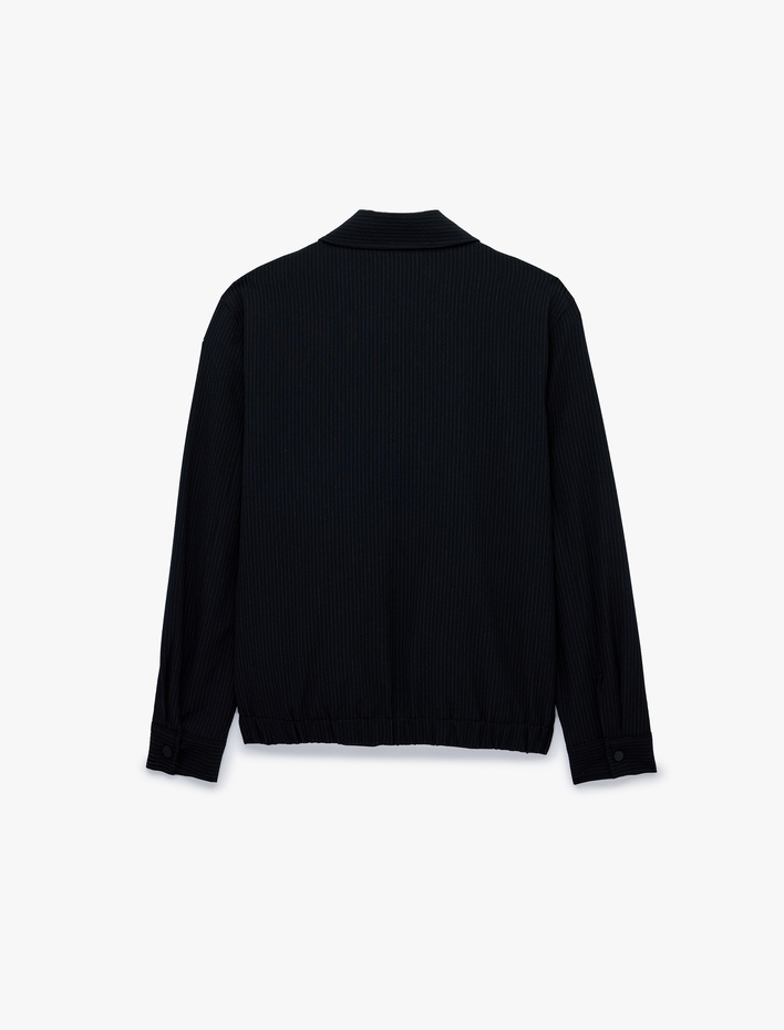  Uzun Kollu Gömlek Yaka Fermuarlı Çizgili Bomber Ceket