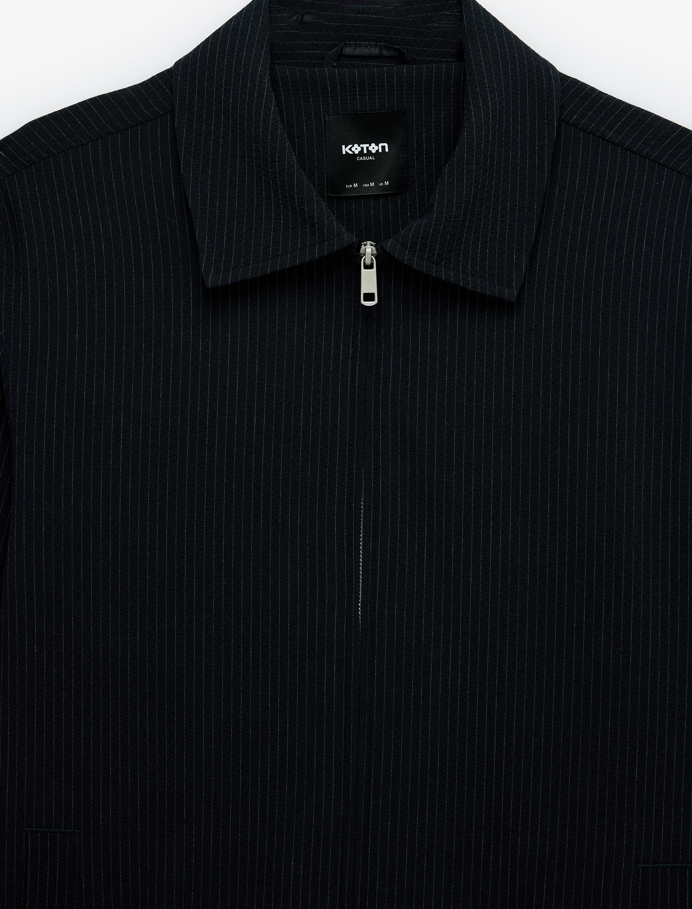   Uzun Kollu Gömlek Yaka Fermuarlı Çizgili Bomber Ceket