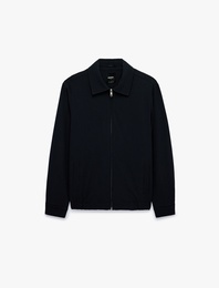 Uzun Kollu Gömlek Yaka Fermuarlı Çizgili Bomber Ceket