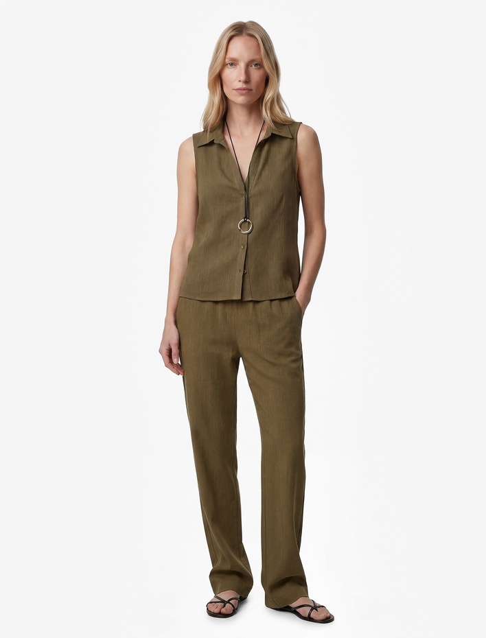  Keten Görünümlü Beli Bağcıklı Cepli Havuç Pantolon