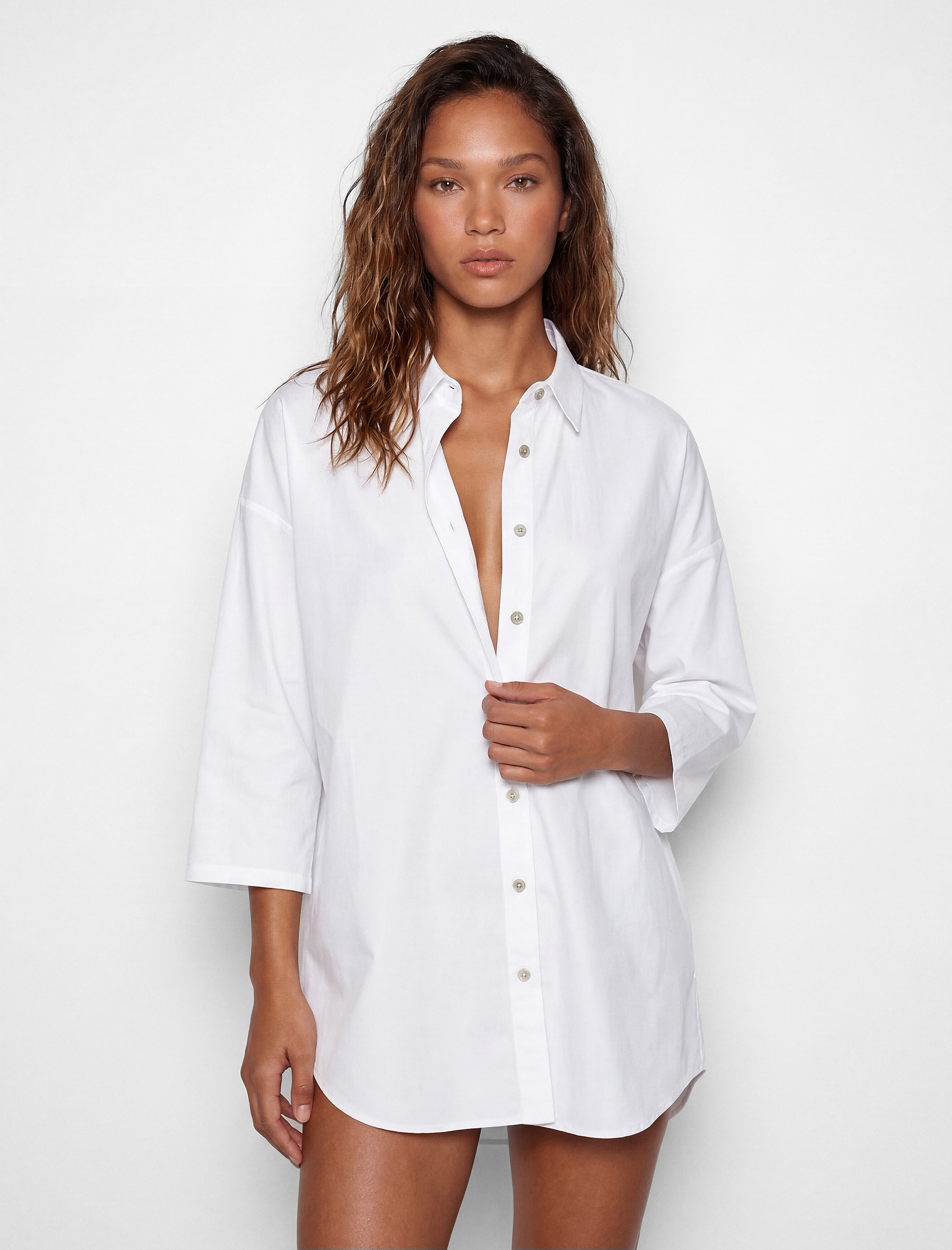   Rahat Kalıp Pamuklu Uzun Kollu Gömlek Plaj Elbisesi