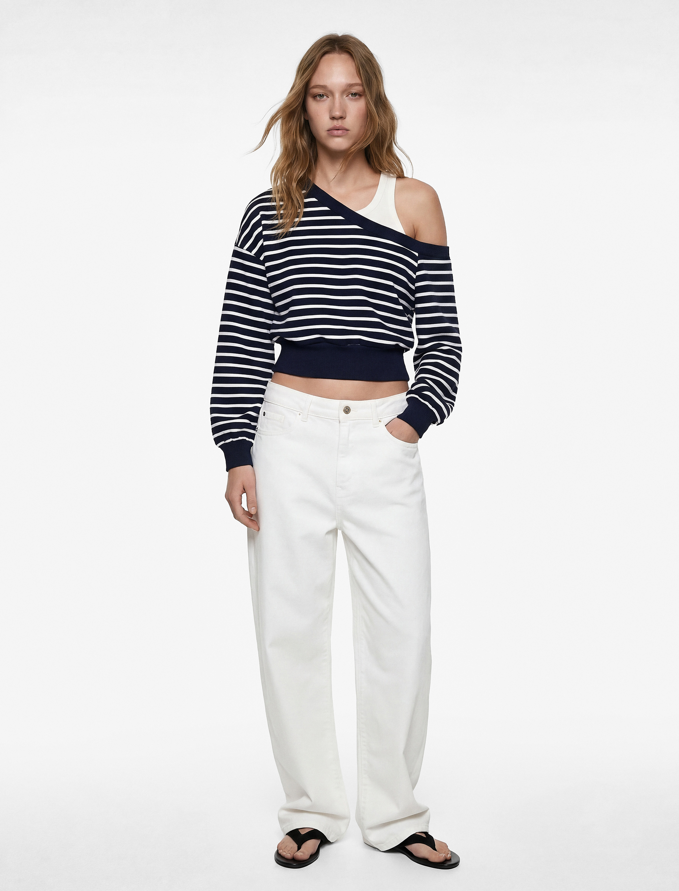   Rahat Kalıp Uzun Kollu Kayık Yaka Omzu Açık Çizgili Sweatshirt