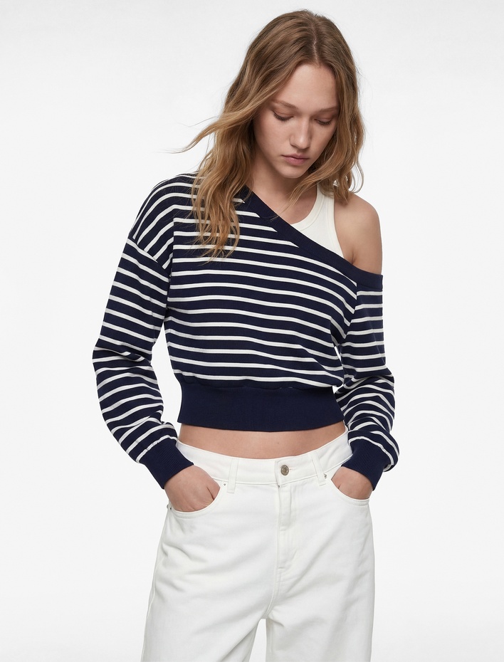  Rahat Kalıp Uzun Kollu Kayık Yaka Omzu Açık Çizgili Sweatshirt